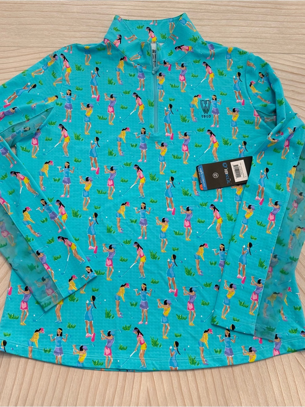 IBKUL Turquoise Golf-Print Half-Zip Pullover NWT  L